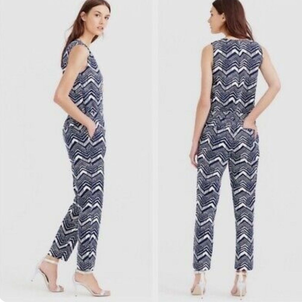 J.Crew Navy & White Printed Linen Jumpsuit